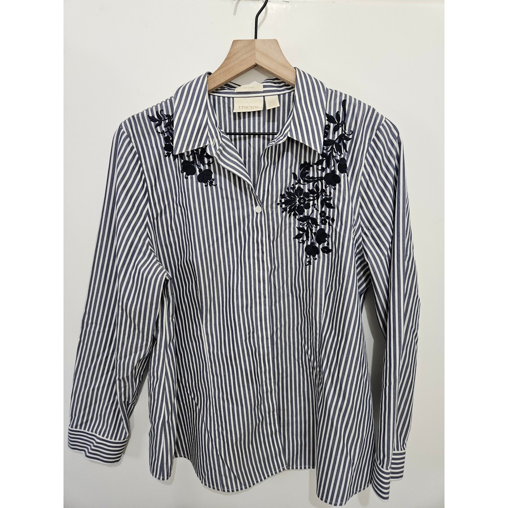 Chicos No-Iron‎ Cotton Striped Floral Embroidered Button Down Shirt Blue White 2